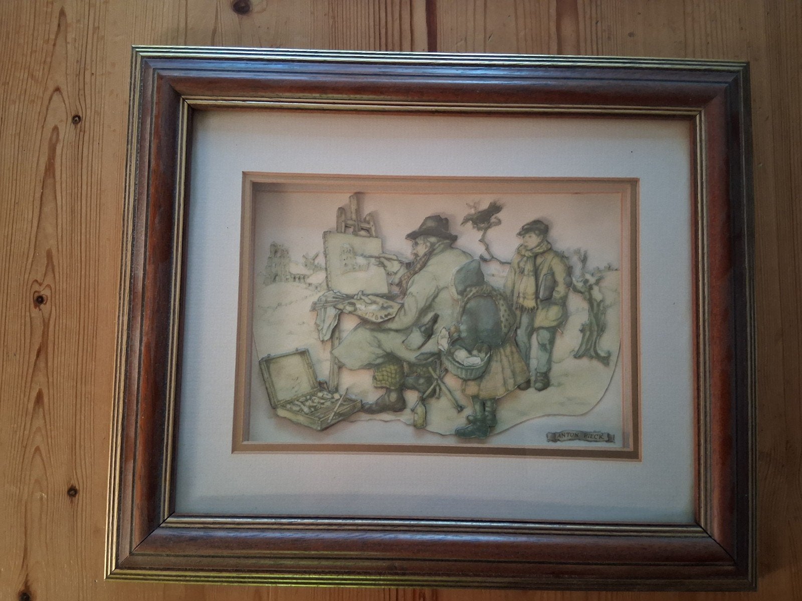Ingelijste tekening van schilder met kinderen, Antiek en Kunst, Ophalen