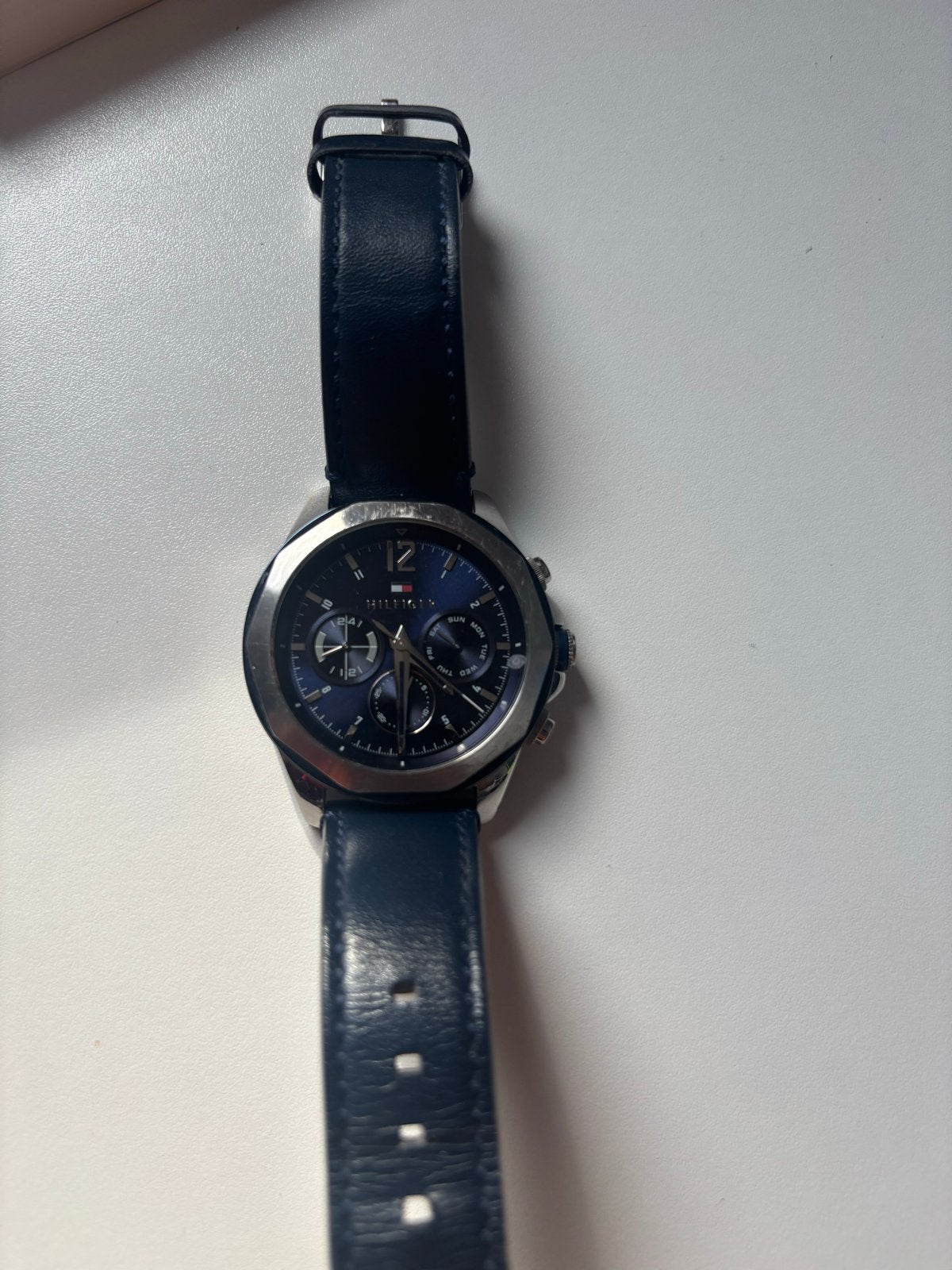 Tommy Hilfiger Herenhorloge - Blauw Leer & Staal, Overige merken, Staal, Polshorloge, Ophalen of Verzenden