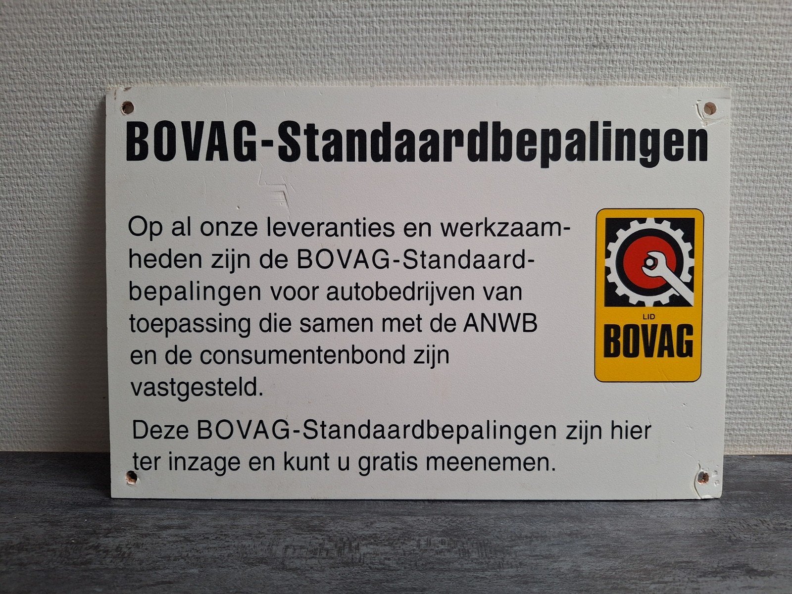 Origineel reclame BOVAG bord - Standaardbepalingen, Ophalen of Verzenden, Gebruikt, Reclamebord