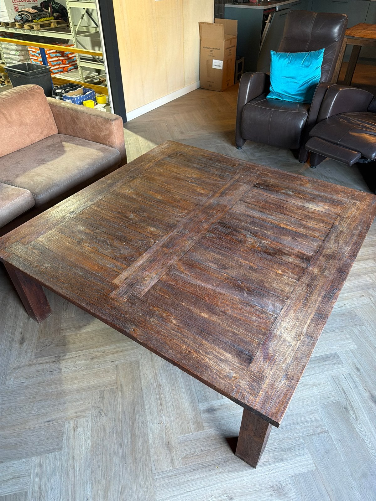 Robuuste Teakhouten Salontafel - Vierkant 140x140, Huis en Inrichting, 50 – 75, Gebruikt, Vierkant, Teakhout