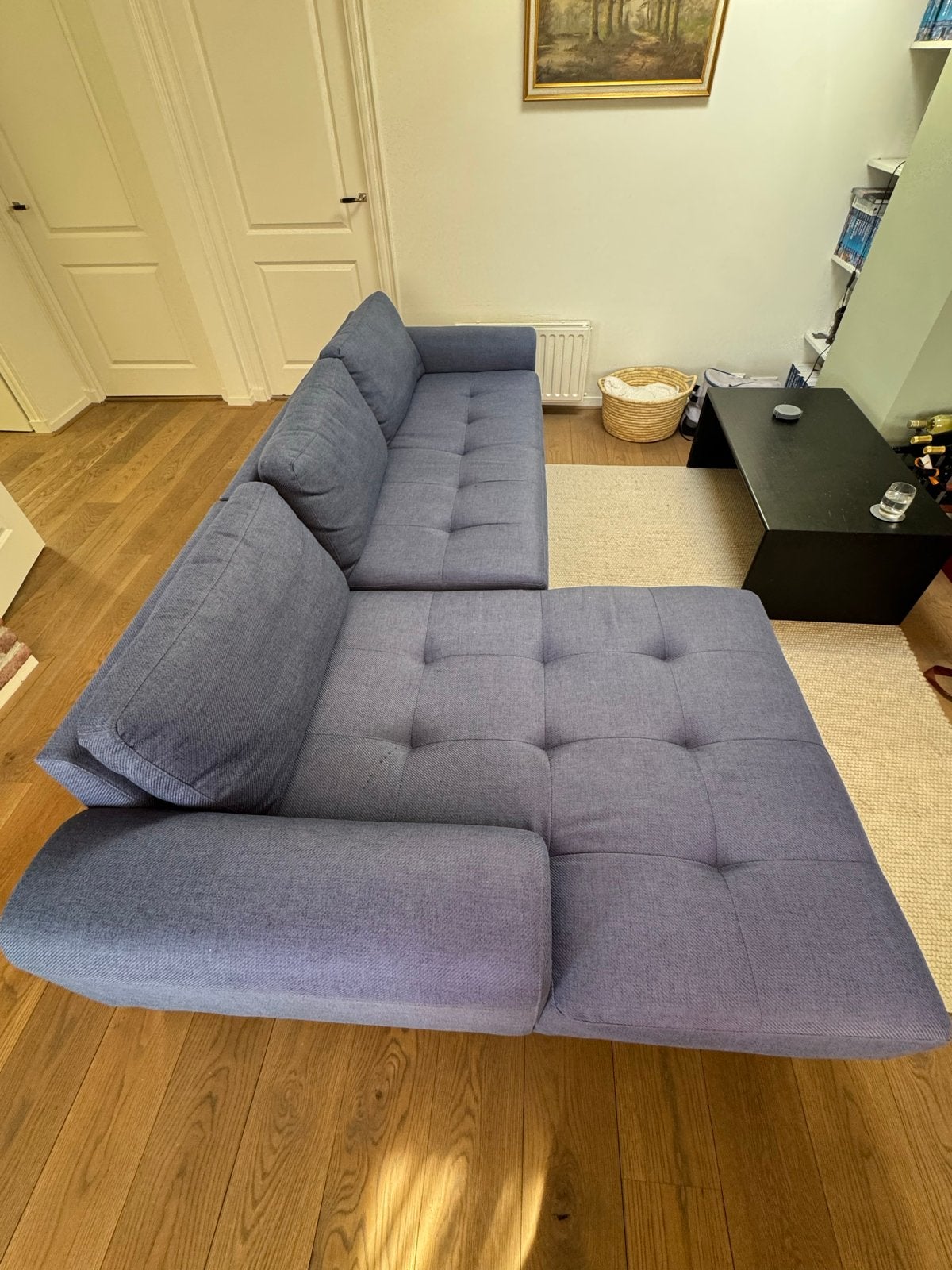 Made Vittorio - blauwe hoekbank, Ophalen, 250 tot 300 cm, Gebruikt, 125 tot 150 cm