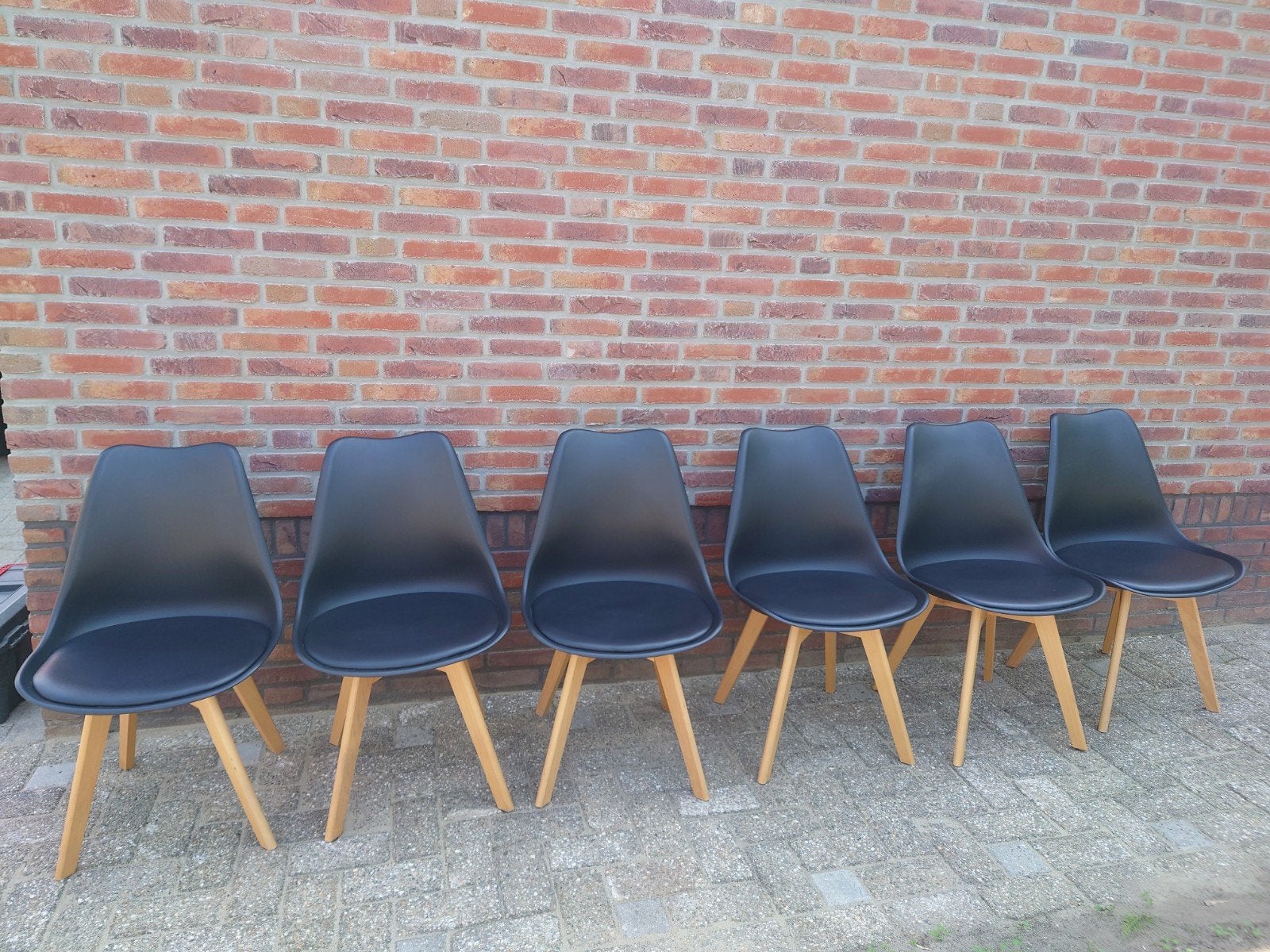 6 Scandinavische eetkamerstoelen, Huis en Inrichting, Stoelen, Ophalen, Leer, Gebruikt, Zwart