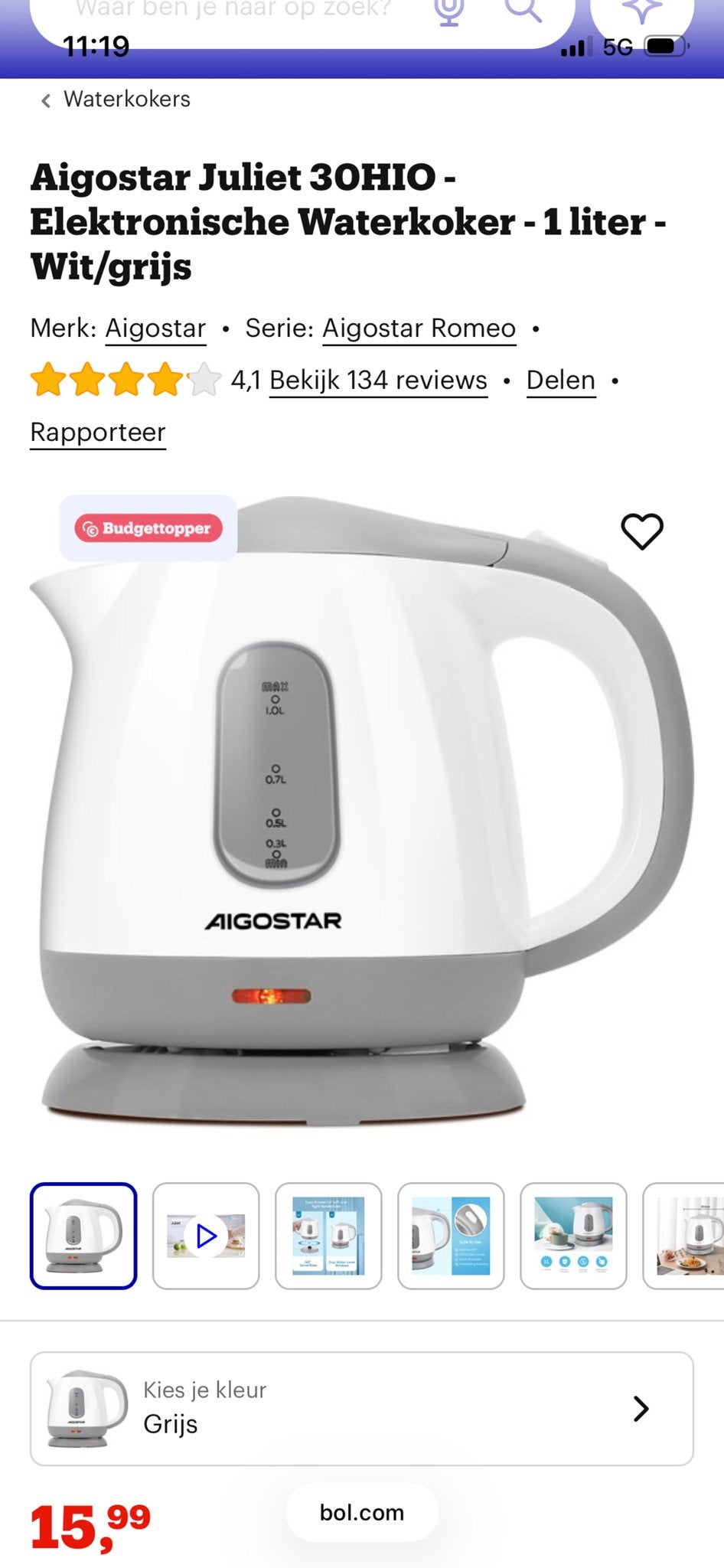 Aigostar Juliet 3OHIO Waterkoker - 1 Liter - Wit/Grijs, 1 tot 2 liter, Ophalen of Verzenden, Nieuw