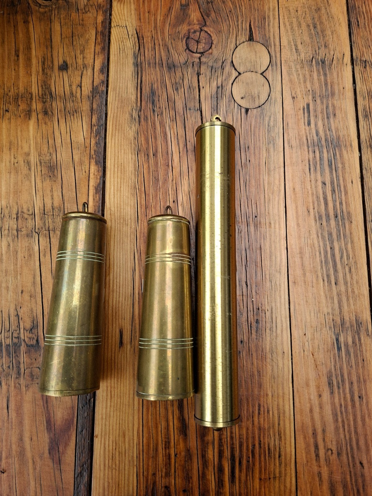 Set van 3 messing klokgewichten - 2x 1.6kg, 1x 1.3kg, Antiek en Kunst, Ophalen of Verzenden