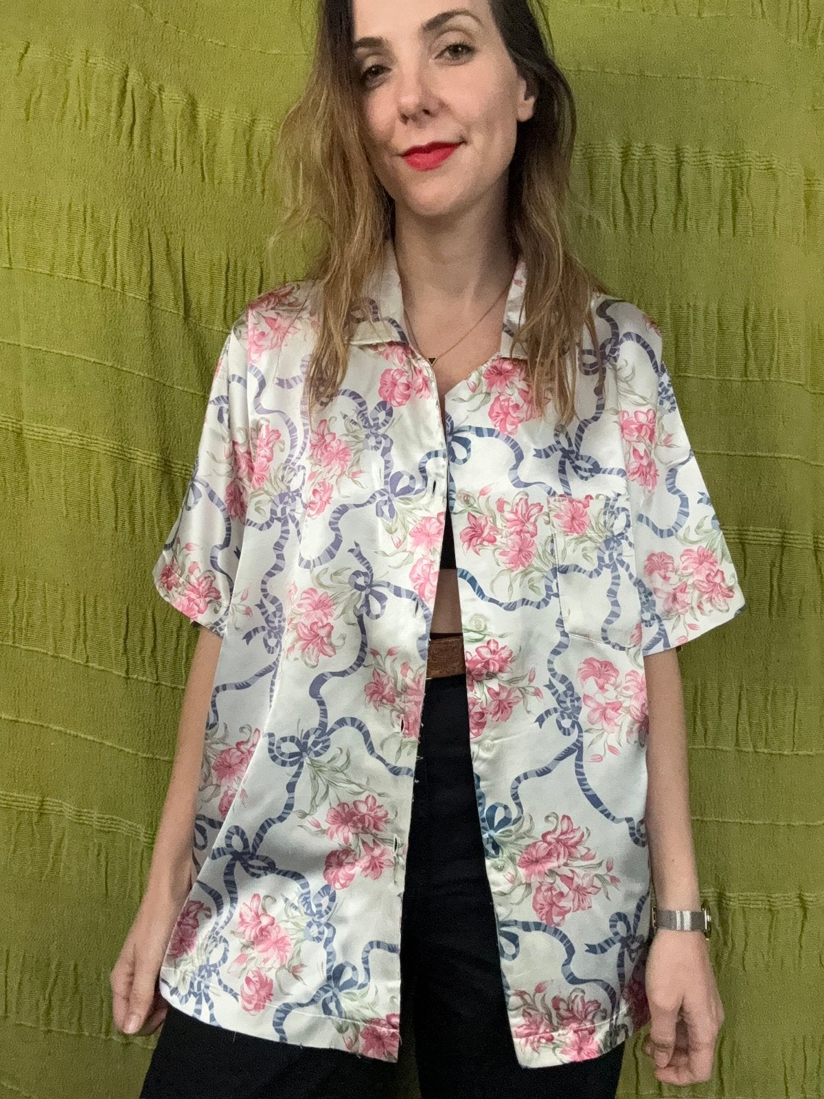 Vintage pyjama blouse- glimmend - bloemenprint/print 40/L, Kleding | Dames, Maat 38/40 (M), Hgv, Hgv, Ophalen of Verzenden