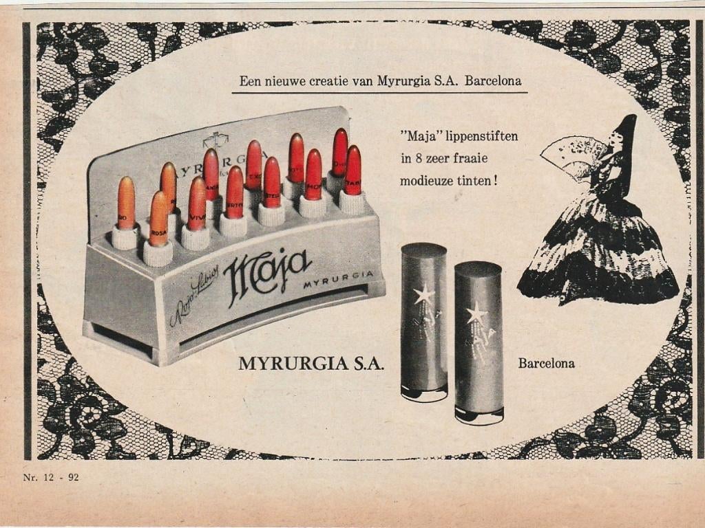 Retro reclame 1964 Myrurgia Maja 8 lippenstiften, Verzenden, Overige typen