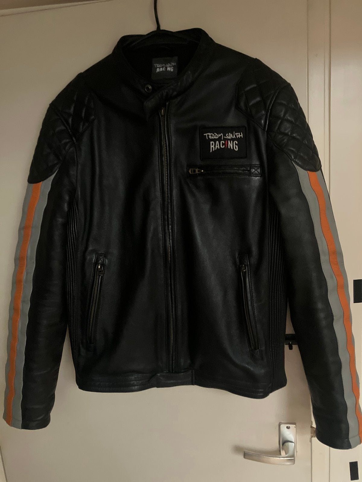 Teddy Smith Racing Leren Motorjas - Zwart met Oranje/Grijze, Ophalen of Verzenden, Tweedehands, Heren, Jas | leer