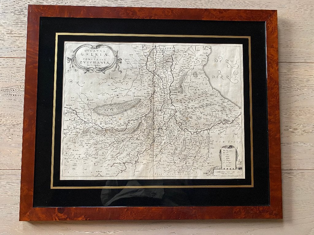 Originele Landkaart Gelderland & Zutphen (1639) - Ingelijst, Boeken, Atlassen en Landkaarten, Gelezen, Voor 1800, Ophalen of Verzenden