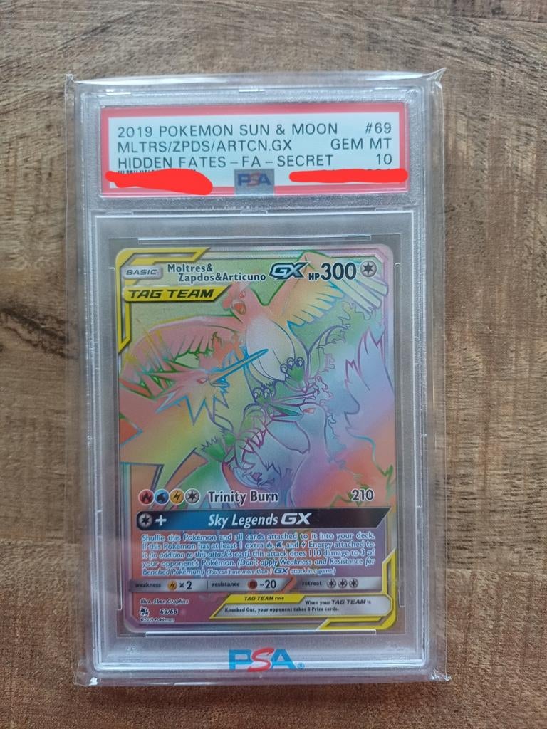 Moltres Zapdos Articuno GX 2019 Hidden Fates PSA 10, Ophalen of Verzenden, Zo goed als nieuw