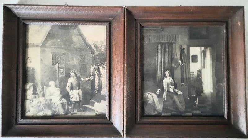 2 Prenten in eikenhouten lijstjes, Ophalen of Verzenden, Overige typen