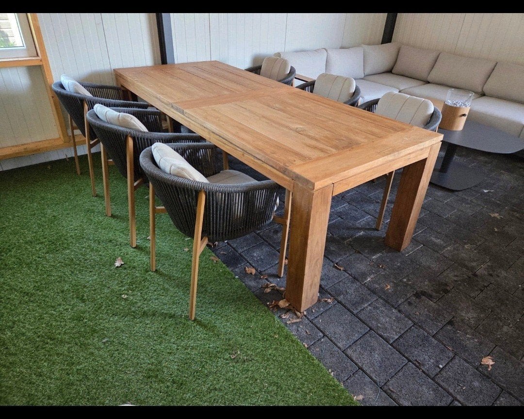 TEAK HOUTEN TAFEL 240X100CM MET 6 DININGSTOELEN €1499, Ophalen, Nieuw, Rechthoekig, Aluminium