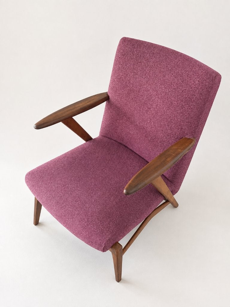 2 x Vintage mid-century fauteuils; roze/mauve bekleding Used, Huis en Inrichting, Ophalen, Gebruikt, Stof, Rood