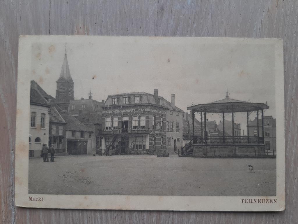 Terneuzen, Markt, muziektent, kerk, cafe restaurant, 1918, Ophalen of Verzenden, Voor 1920, Gelopen, Zeeland