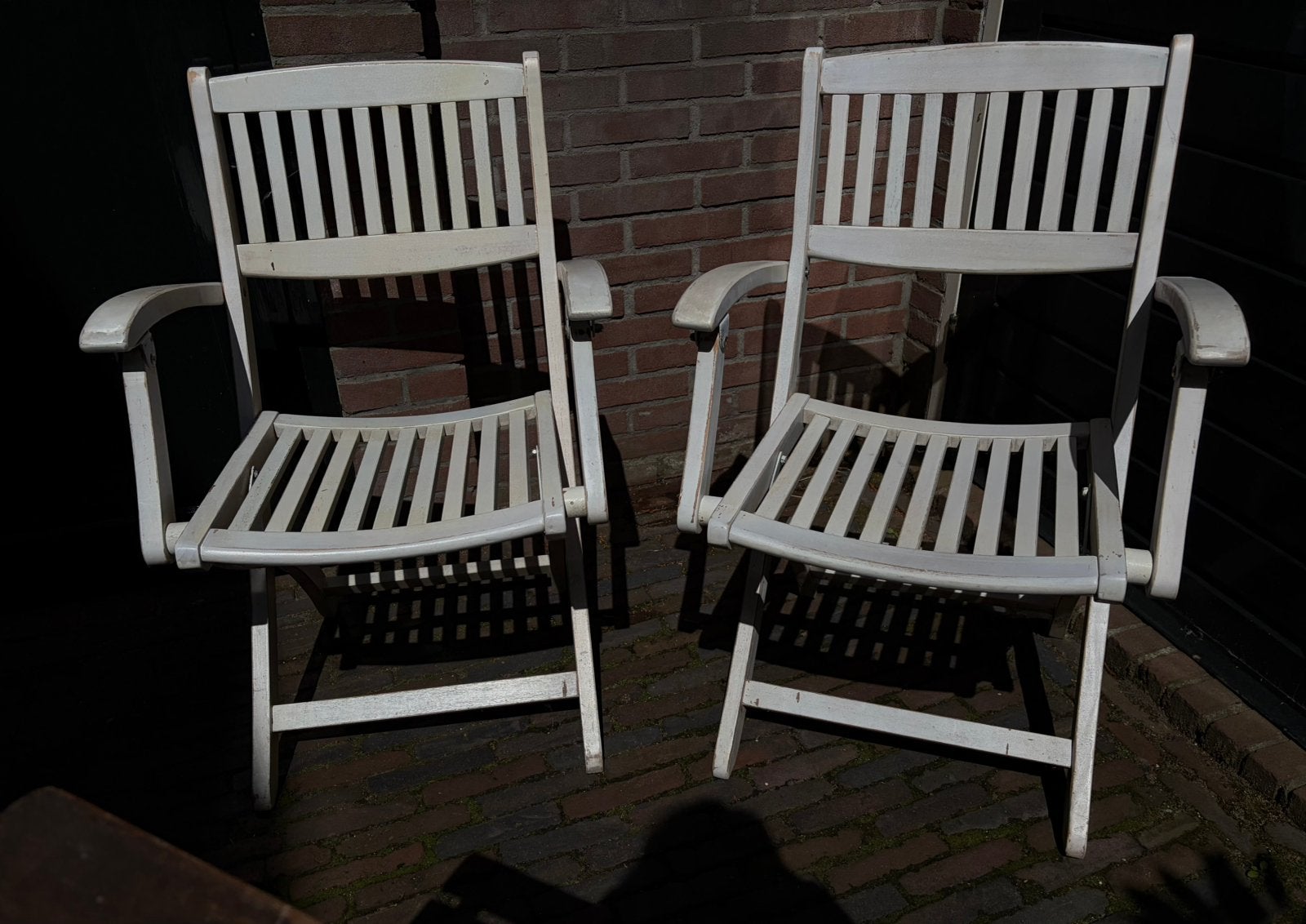 Bistroset met 2 inklapbare stoelen en tafel, Tuin en Terras, Tuinstoelen, Ophalen, Gebruikt, Hout, Inklapbaar