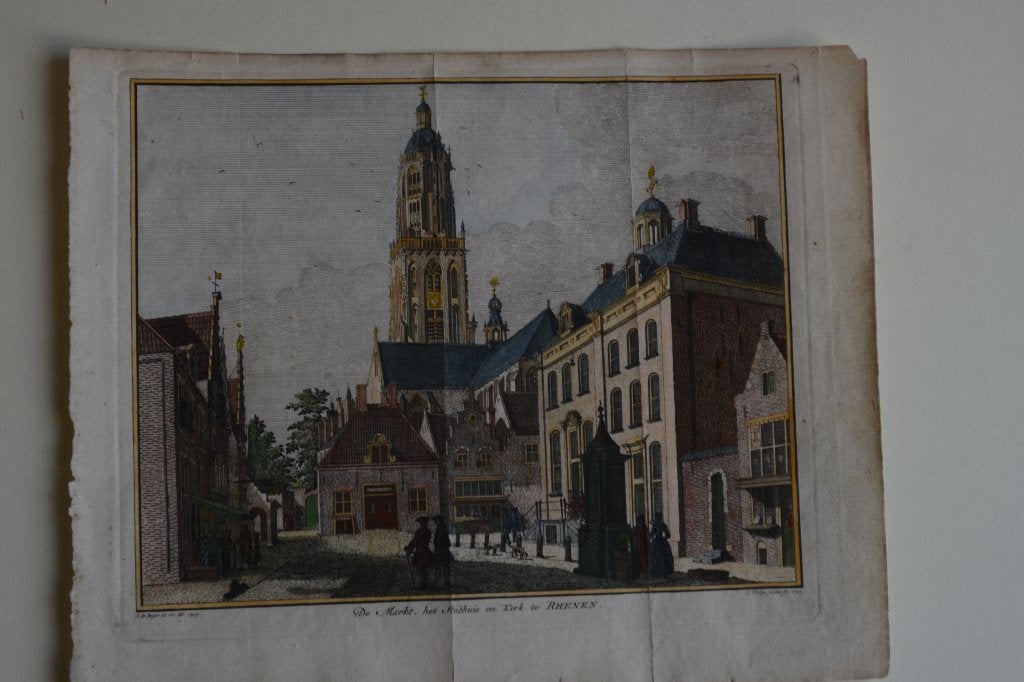 RHENEN MARKT 1753 Originele handgekleurde kopergravure E49, Gesigneerd, Verzenden, Stadsgezicht, Gravure