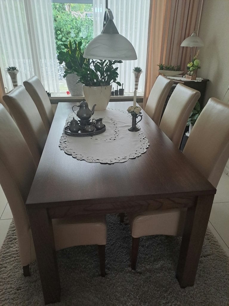 Elegante eettafel met 6 stoelen, Ophalen, Gebruikt, Eikenhout, 50 tot 100 cm