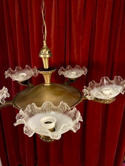 Antieke Edwardian kroonluchter - messing 5-arms - jaren '20, Ophalen, Gebruikt, Overige fittingen, Overige typen