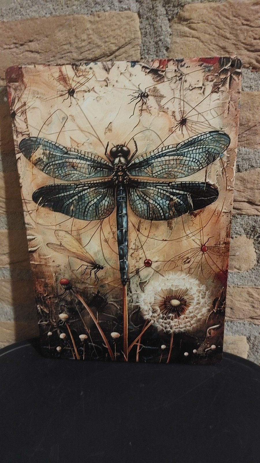 Decoratief bord 20x30cm met libelle en paardenbloem, Gebruikt, Hout, Meerkleurig, Ophalen of Verzenden