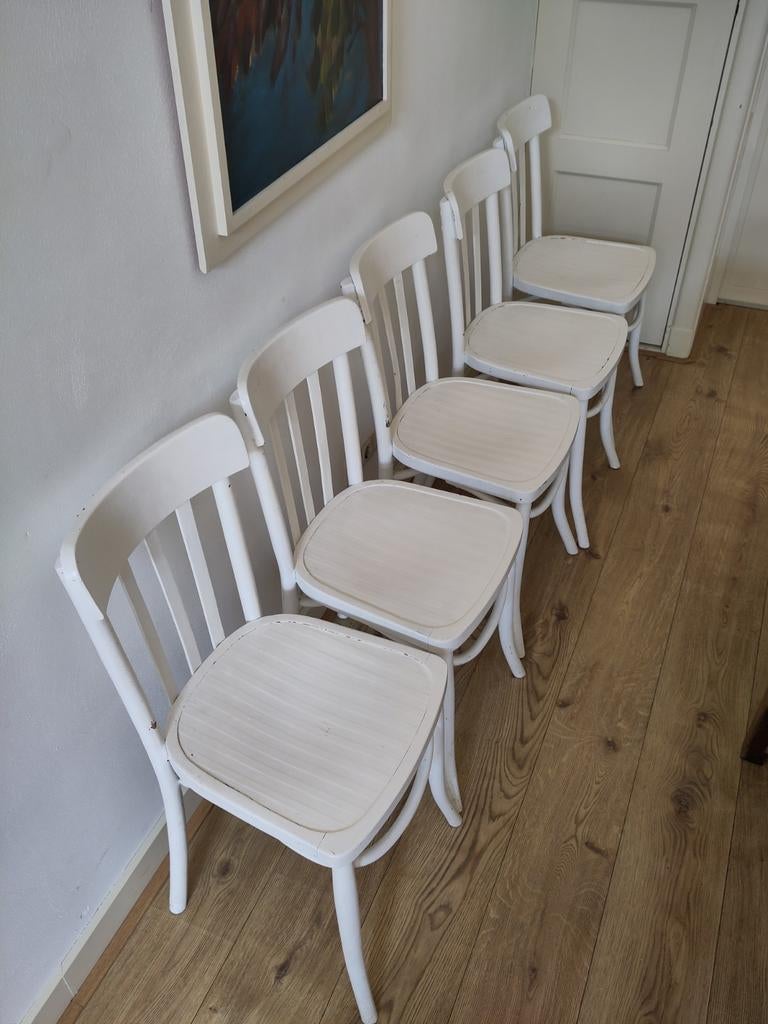 Set van 5 witte houten eettafel stoelen, Huis en Inrichting, Stoelen, Ophalen, Gebruikt, Wit, Vijf, Zes of meer stoelen