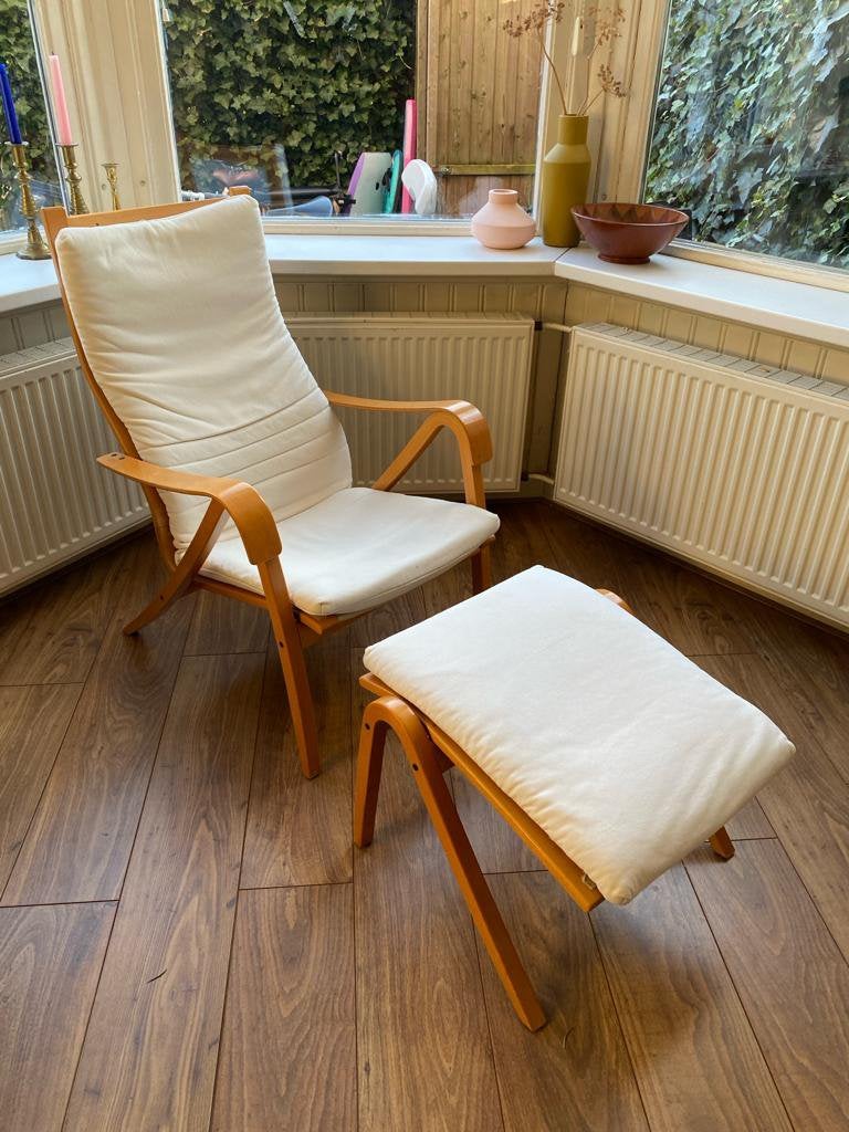Vintage Ikea Rimbo lounge stoel en voetenbank  Simo Heikkila, Ophalen, Zo goed als nieuw, Hout