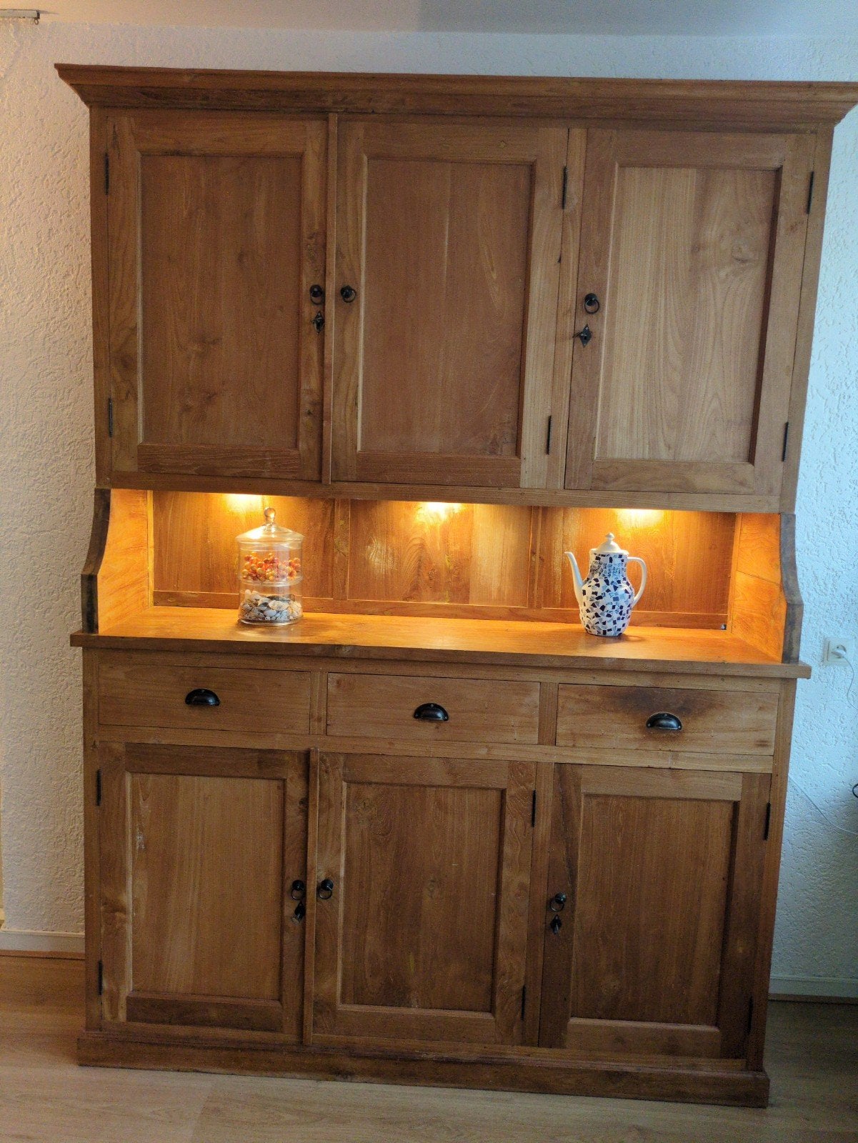 Teakhouten wandkast met LED verlichting - 2 delen, Gebruikt, 200 cm of meer, 150 tot 200 cm, Teakhout