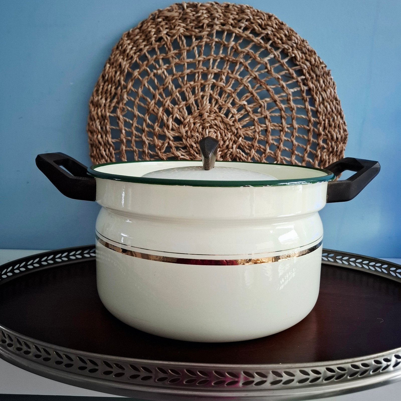Vintage emaille pan - crème met groene rand, Ophalen of Verzenden