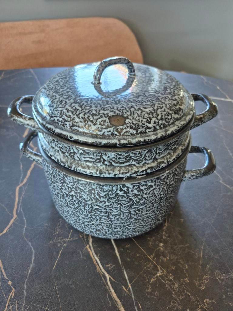 Vintage emaille rijstkoker / stoompan grijs gewolkt, Ophalen of Verzenden, Gebruikt, Overige materialen, Overige typen