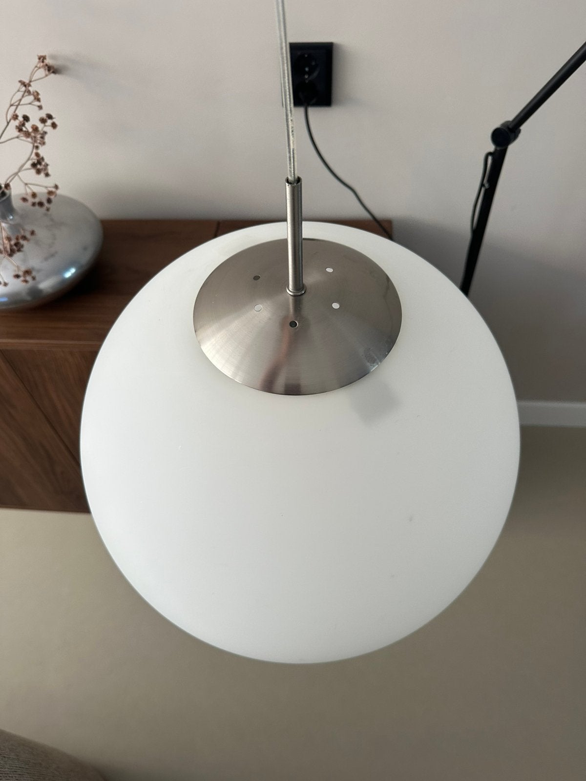 Grote Bol Hanglamp Glas Wit Chrome Details, Ophalen, Gebruikt, Glas