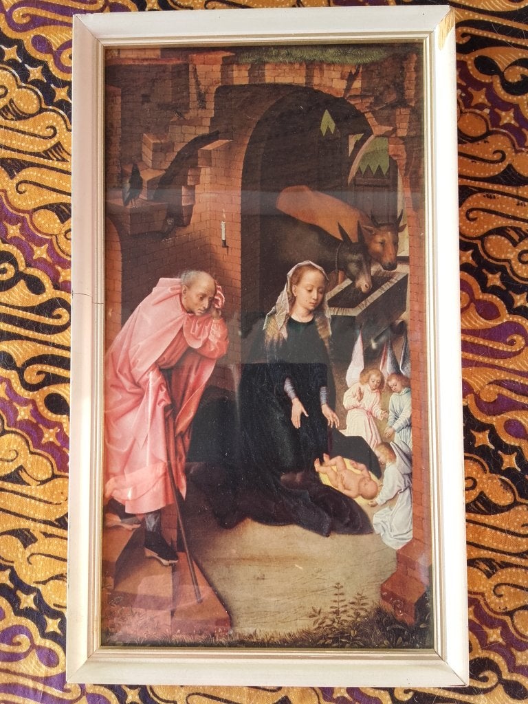 Oude ingelijste prent uit Italië met Maria en kind 26,5 cm., Ophalen of Verzenden
