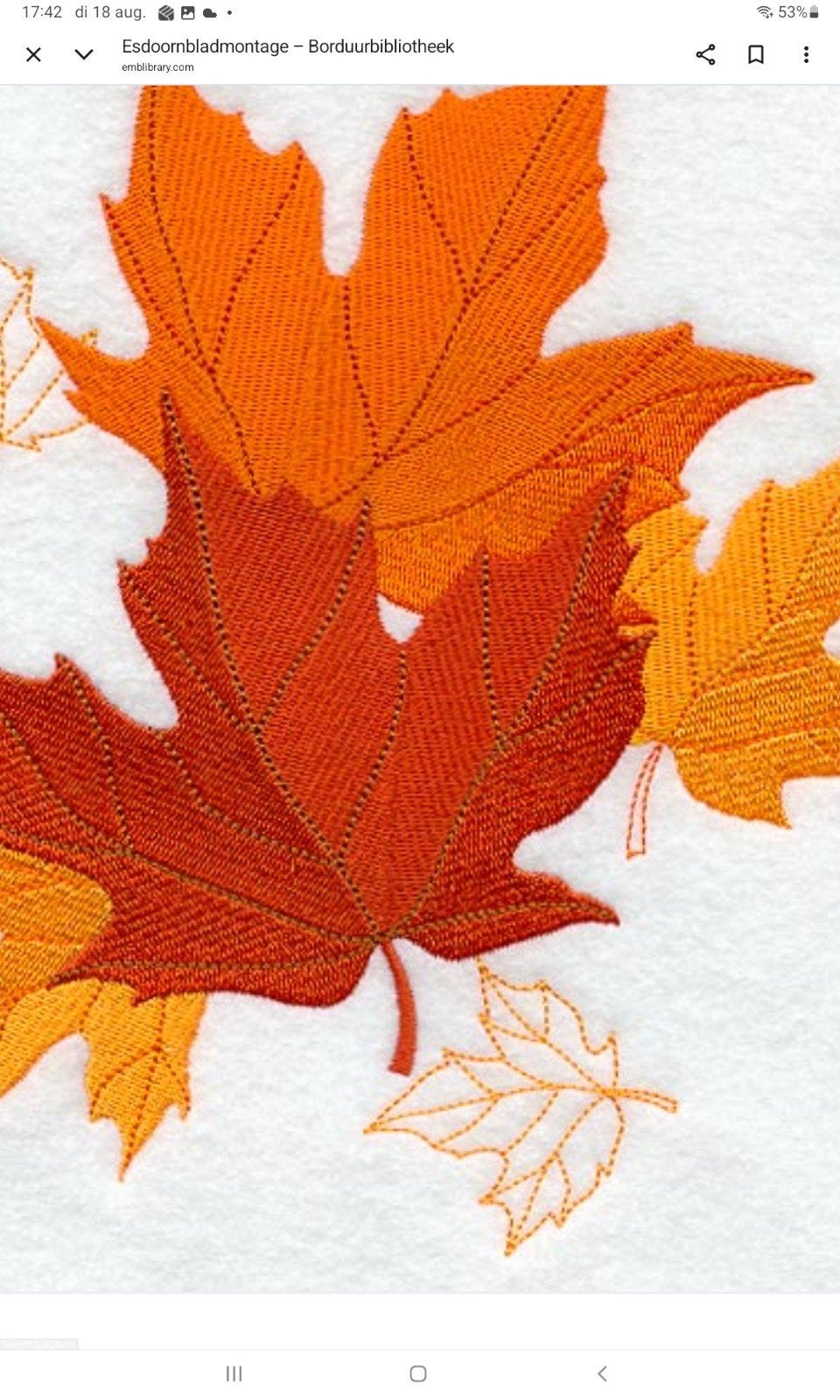 Geborduurd herfstblad op stof - 17x15cm op 50x50cm, Hobby en Vrije tijd, Stoffen en Lappen, Ophalen of Verzenden, Nieuw