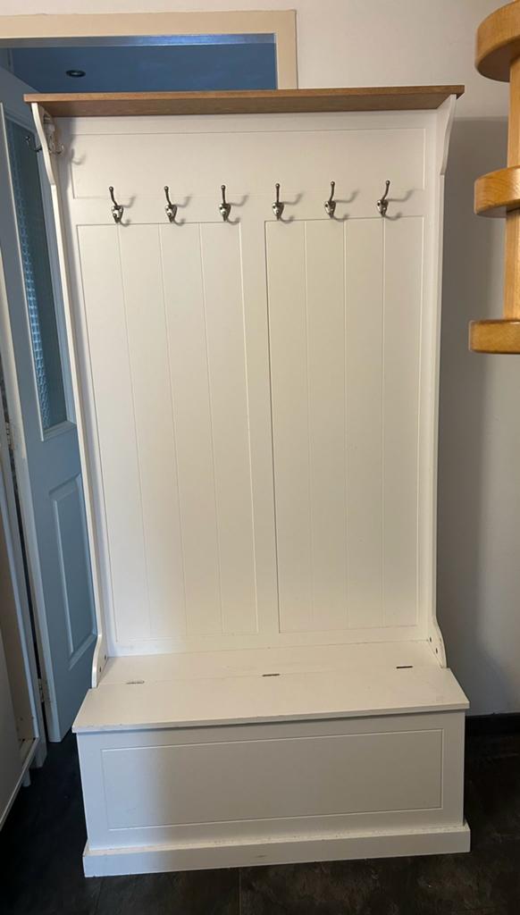 Witte kapstok met bankje en opbergruimte, Huis en Inrichting, Woonaccessoires | Kapstokken, Gebruikt, 150 tot 200 cm, Hout, Ophalen