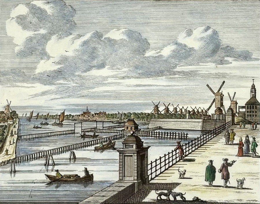 170. Pieter Schenk - Amsterdam, Groote Steen-Sluis, 17e eeuw, Ophalen, Stadsgezicht, 19 cm, Ingelijst