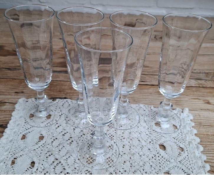 5 Vintage Franse champagne flutes met facet, Ophalen of Verzenden