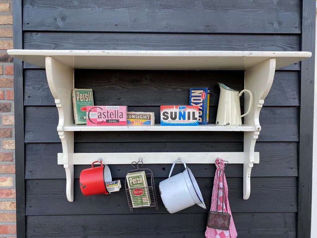 Brocante oude houten regaal, 113 cm, Antiek en Kunst, Ophalen