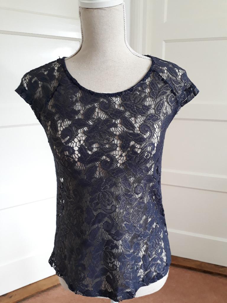 Mooi blauw met gouden gloed, kanten truitje, ZARA  maat S, Zo goed als nieuw, Korte mouw, Maat 36 (S), Zara Basic