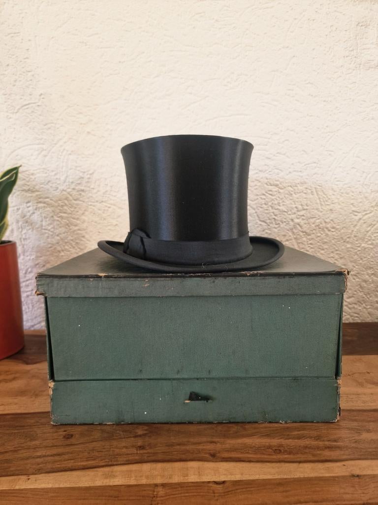 Antieke opvouwbare hoge hoed (chapeau claque) + doos, Antiek en Kunst, Ophalen of Verzenden