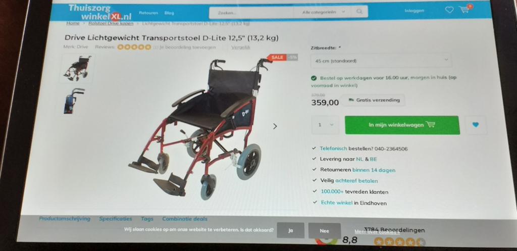 Rolstoel lichtgewicht, Ophalen, Zo goed als nieuw, Duwrolstoel