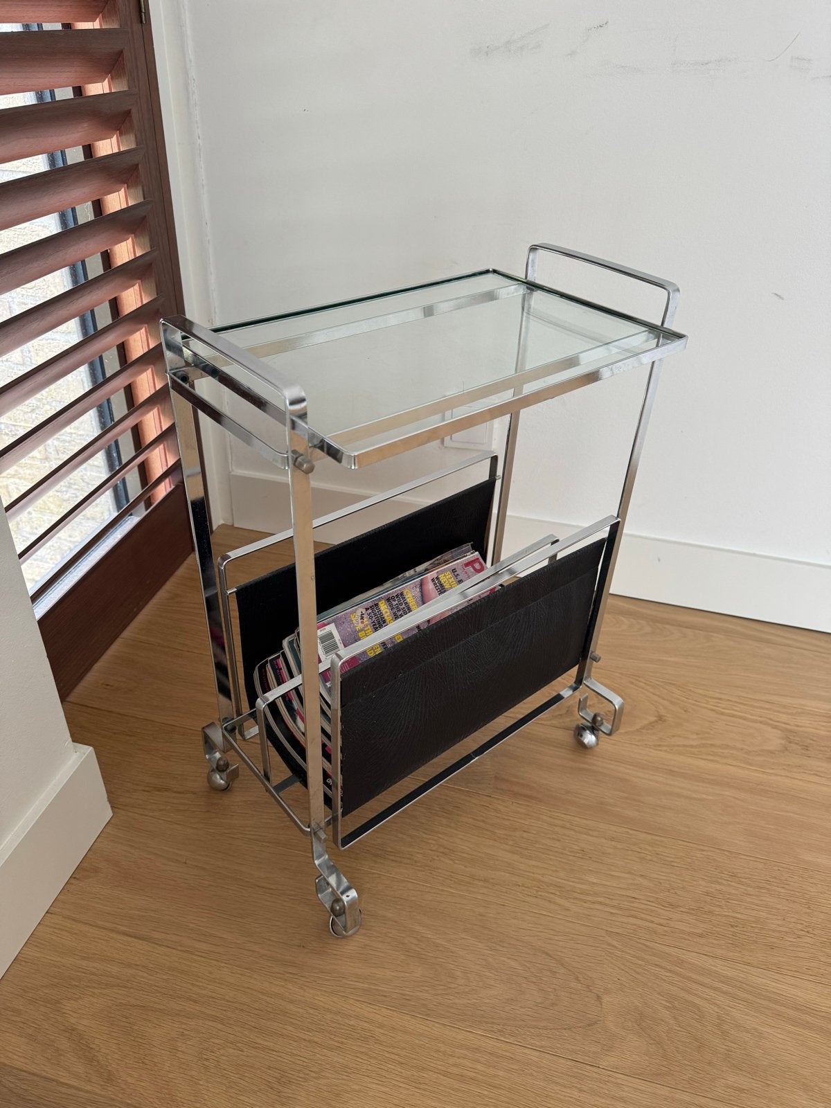 Vintage Bauhaus chrome & leer trolly / bijzettafel, Ophalen of Verzenden, Gebruikt