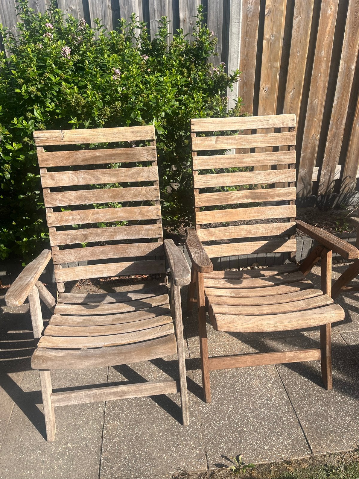 Teakhouten tuinset: 4 stoelen en ronde tafel, Tuin en Terras, Tuinstoelen, Ophalen, Gebruikt, Teakhout, Verstelbaar