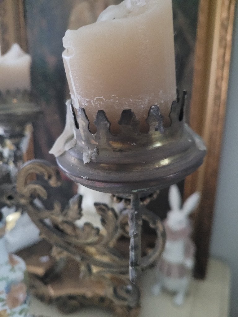 Antieke kandelaar brons met porselein, Ophalen of Verzenden, Koper of Brons