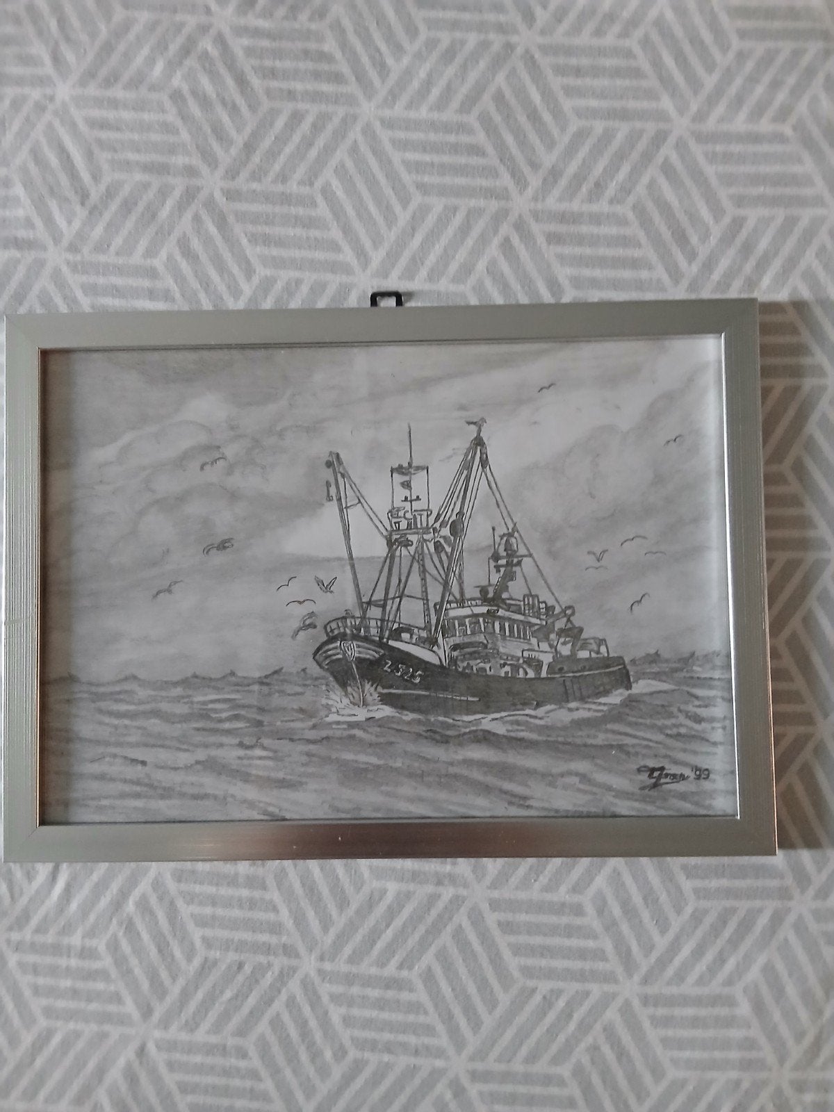 helaas vergaande Belgische kotter Z 525, Antiek en Kunst, Ophalen of Verzenden, Houtskooltekening, Handgemaakt