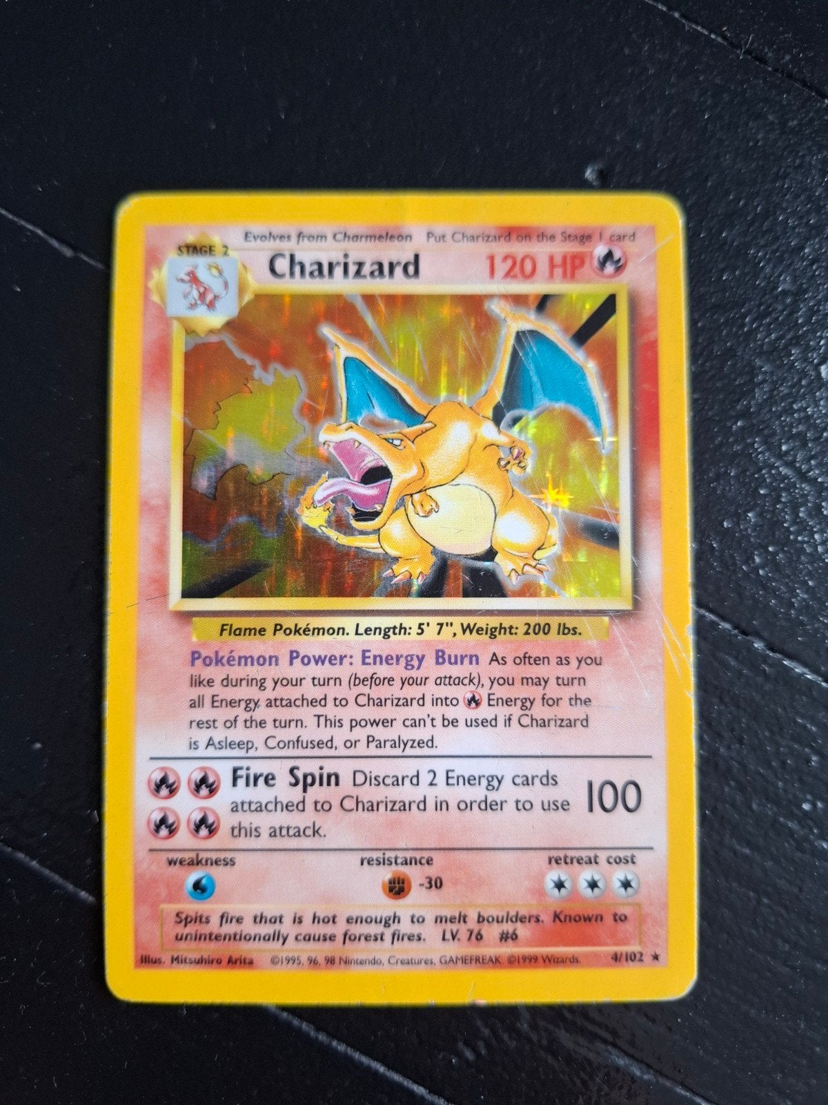 Charizard 120 HP Pokémon Kaart - Base Set Holo, Ophalen of Verzenden, Gebruikt, Losse kaart, Foil