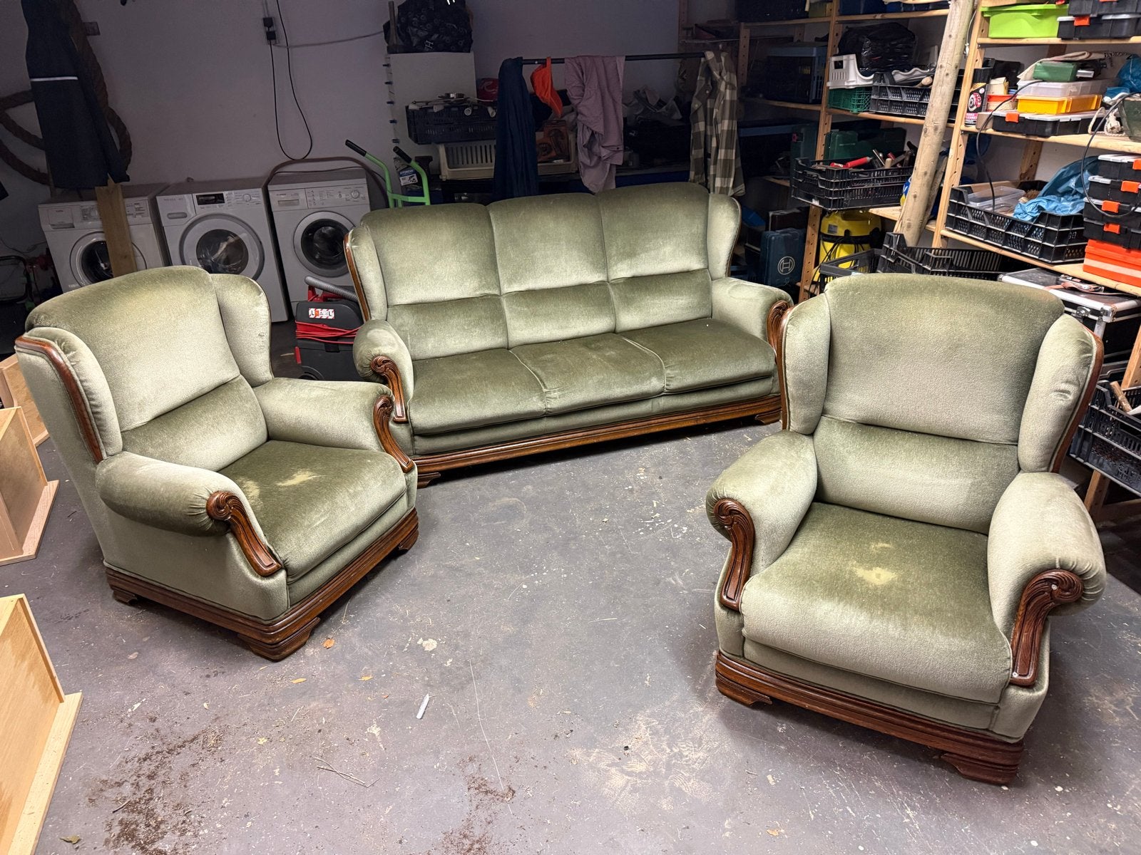 chesterfield Vintage Bankstel: 3-zitsbank en 2 stoelen Groen, Gebruikt, Driepersoons, 75 tot 100 cm, Ophalen of Verzenden