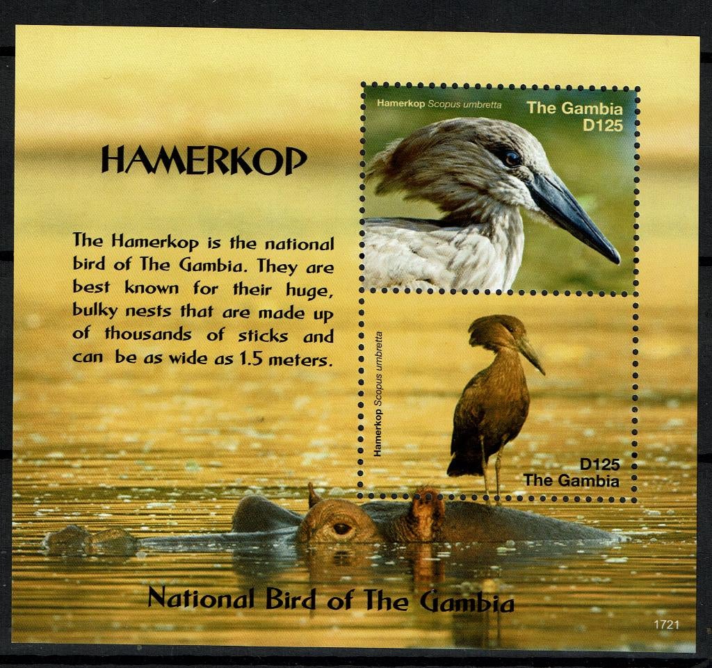 gambia 2017 pf blok hamerkop vogels birds reigers nijlpaard, Ophalen of Verzenden, Postfris, Dier of Natuur