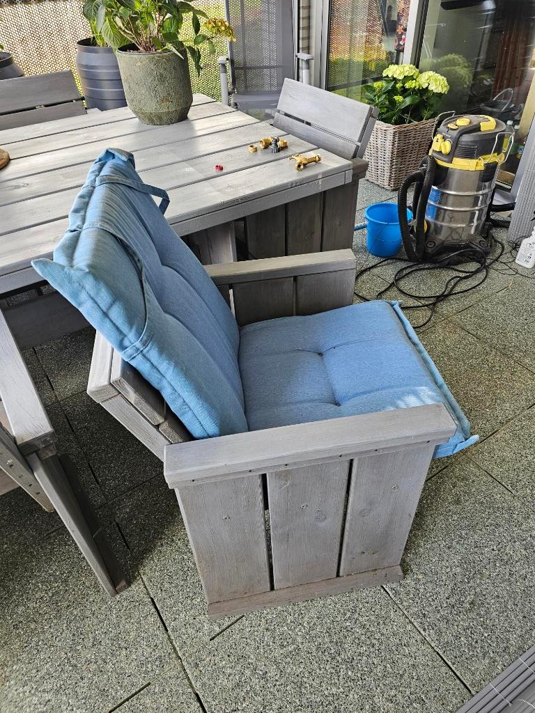 6 blauwe Tuinkussens en Kussenbox, Tuin en Terras, Ophalen, Zo goed als nieuw