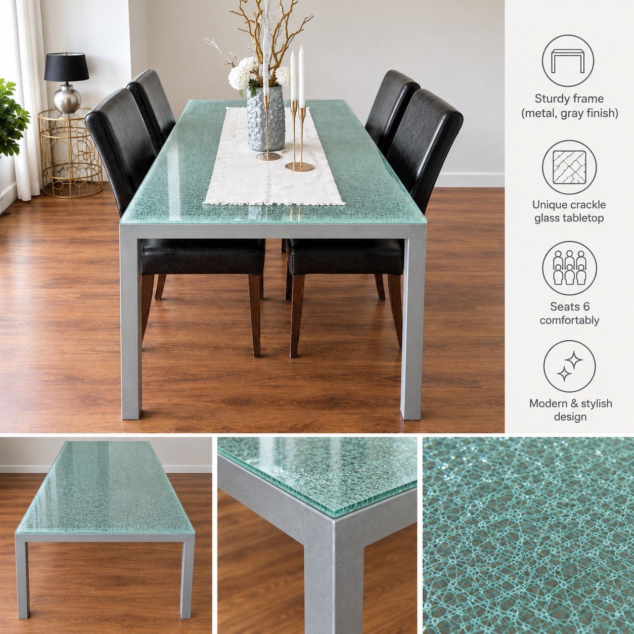 Moderne eettafel met craquelé glazen blad en metalen frame, Gebruikt, Vijf personen of meer, Glas, 150 tot 200 cm