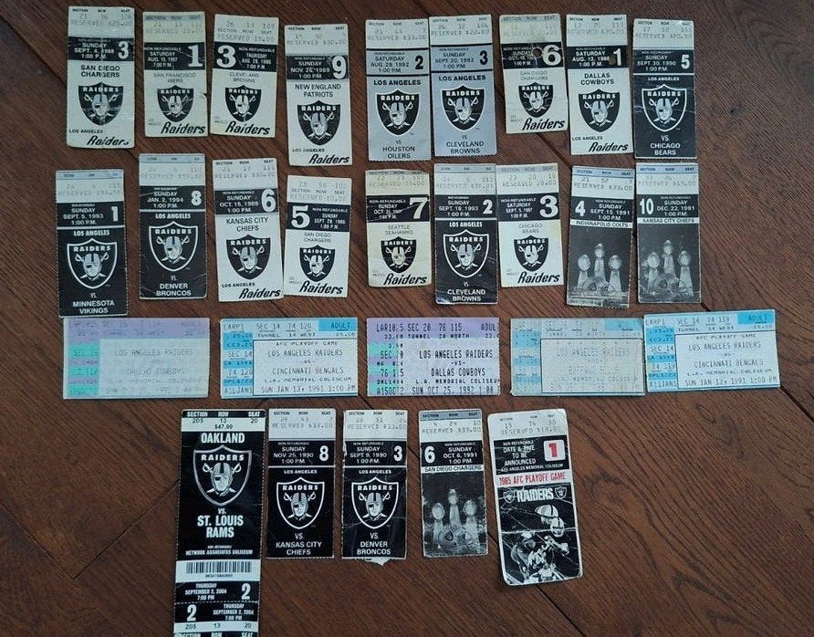 Raiders NFL kaartjes van 80's, 90's en 20's