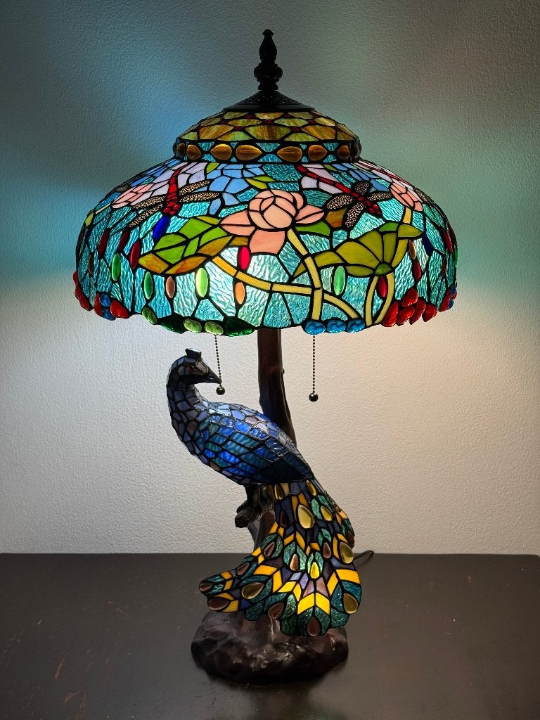 Tiffany tafellamp PEACOCK & DRAGONFLY lamp Ø 47x81cm!, Verzenden