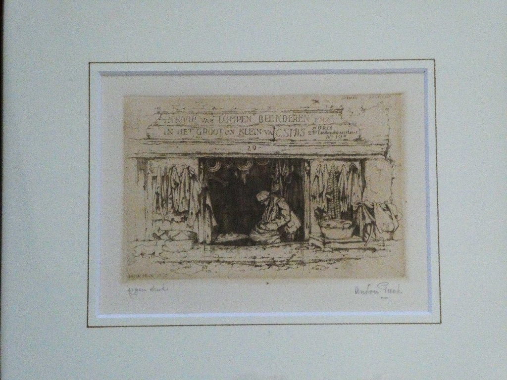 Jordaan Amsterdam ets Anton Pieck Voddenman uit 1933, Gesigneerd, Dagelijks leven, 25 cm, Ets