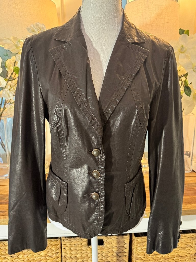 Donker-Bruin jasje Marc Cain, 38-40/nr4, 100% leer, ZGAN, Kleding | Dames, Ophalen of Verzenden, Nieuw, Maat 36 (S), Bruin